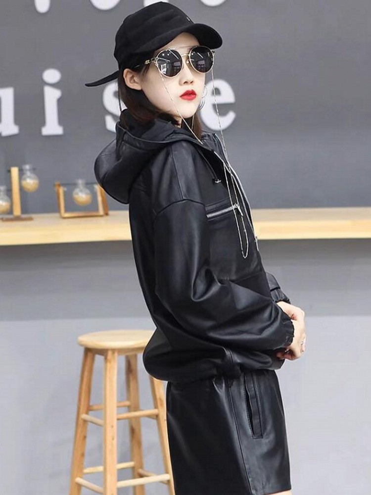 Moda feminina primavera outono solto ajuste pele de carneiro couro genuíno com capuz jaqueta streetwear casual bolsos com zíper pulôver casacos