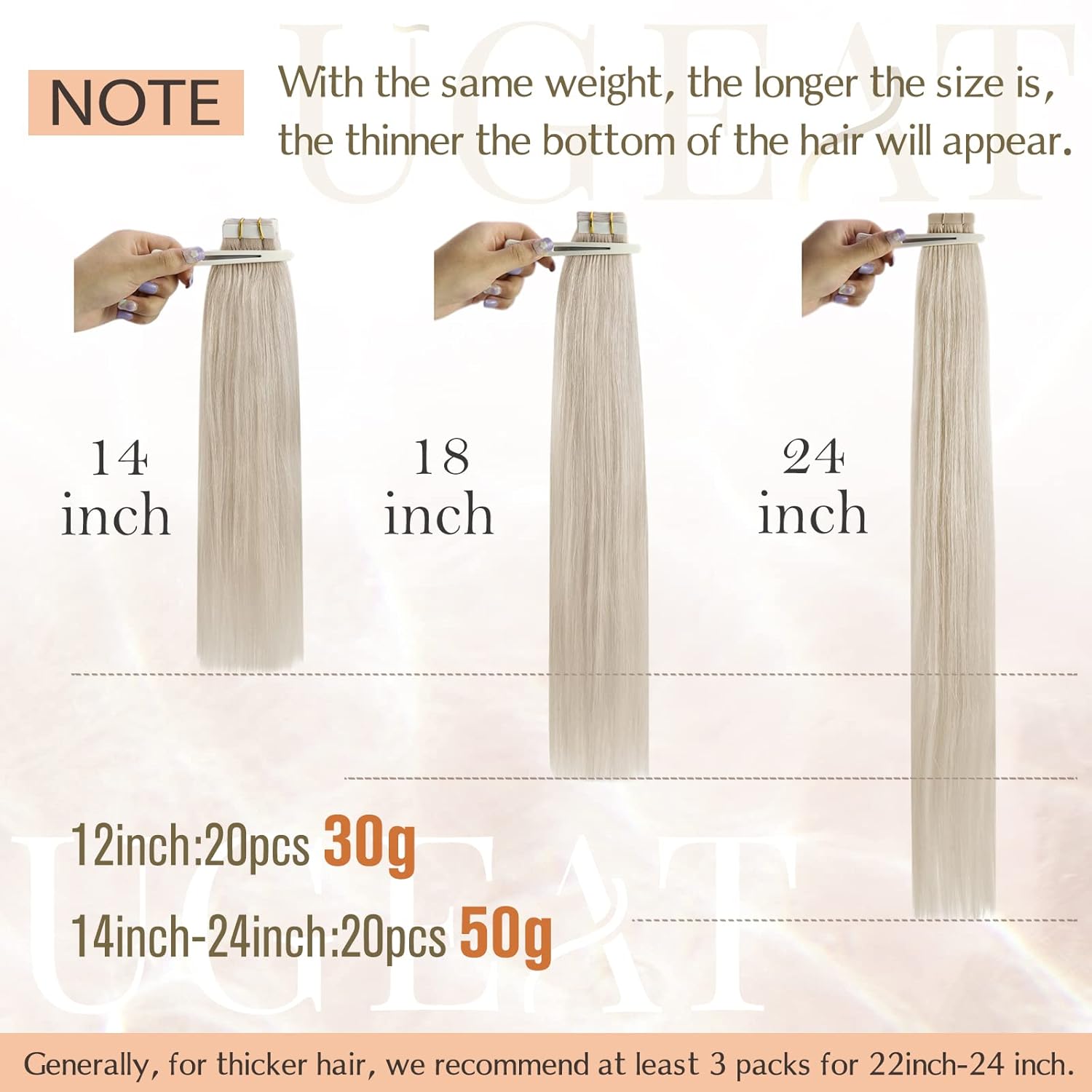 Ugeat Tape-in-Haarverlängerungen, Echthaar, blond, Remy Tape-in-Extensions für Frauen, Platinblond, unsichtbares Echthaar