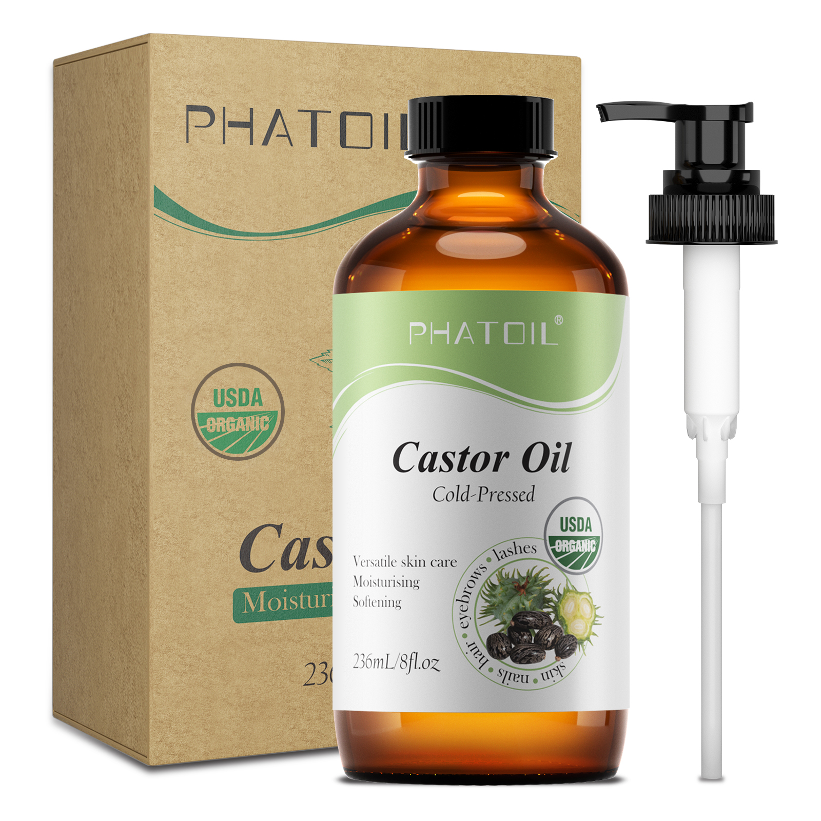 PHATOIL 236 ミリリットル/118 ミリリットル有機ヒマシ油、コールドプレス未精製エッセンシャルオイルヘアケアまつげ & 爪の成長保湿肌