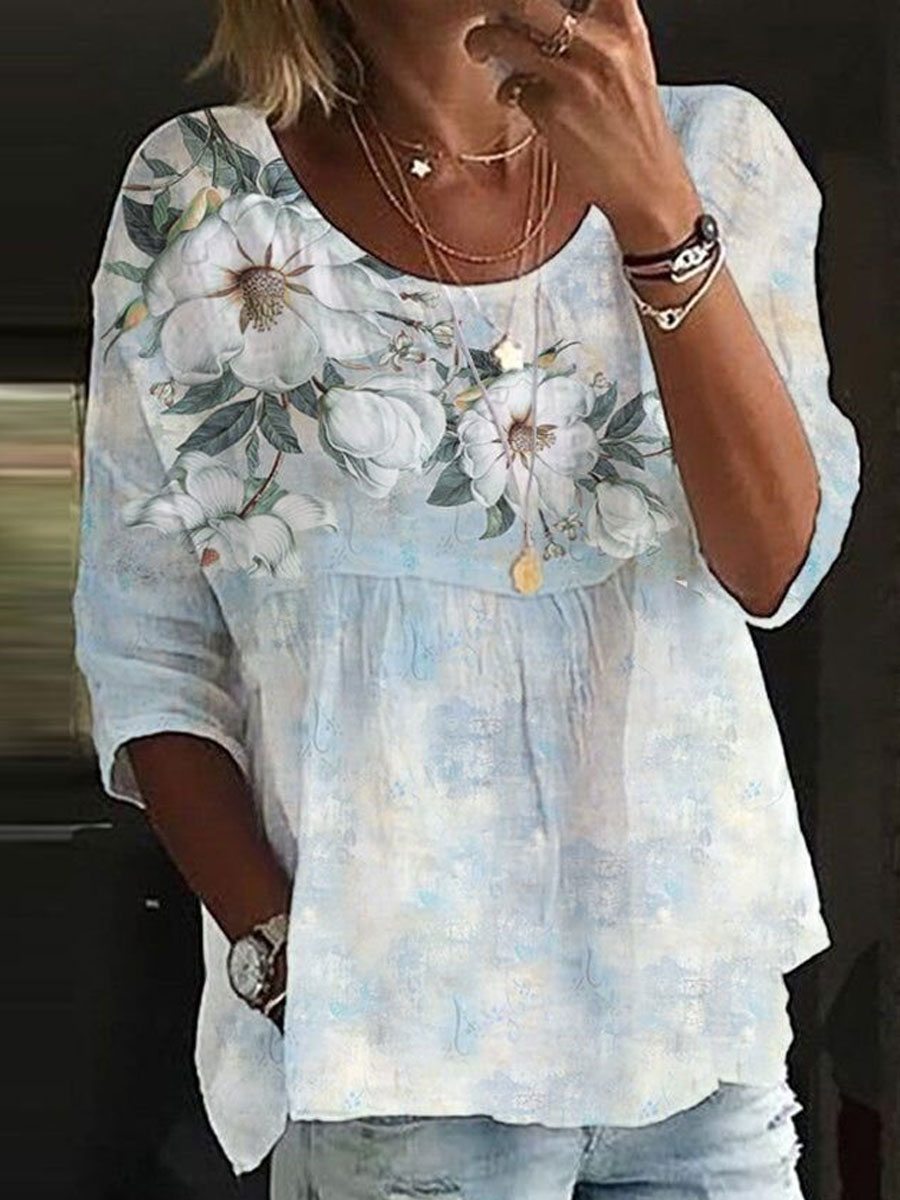 Camisa holgada a la moda para mujer, camisa elegante con cuello redondo para mujer, camisa informal estampada para mujer, Top de fin de semana para vacaciones