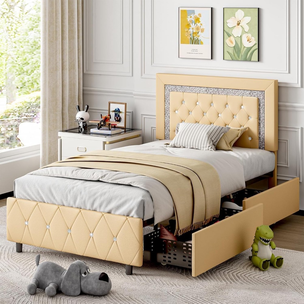 Twin Bed Frame with Storage Drawers & LED Lights, Upholstered Twin Bed with Diamond-Tufted Headboard, Modern Kids Bed for Girls,