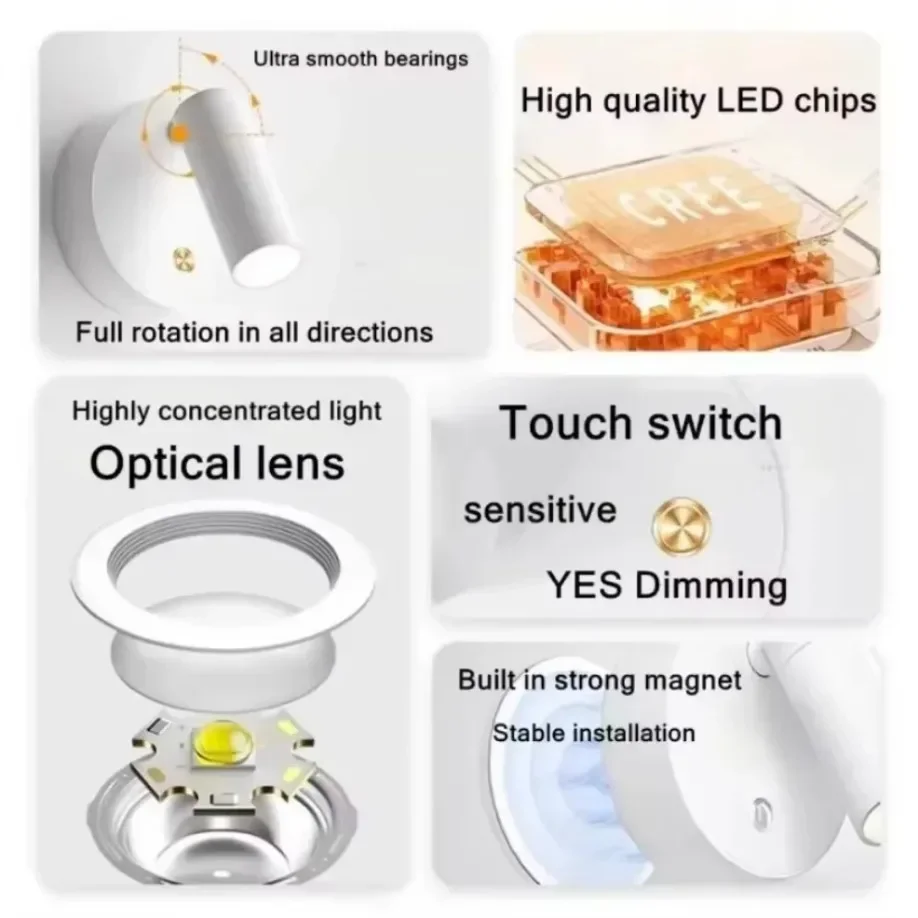 Luminária de parede led para quarto, recarregável por usb, preto e branco, base magnética regulável com interruptor de toque para cabeceira, estudo, leitura