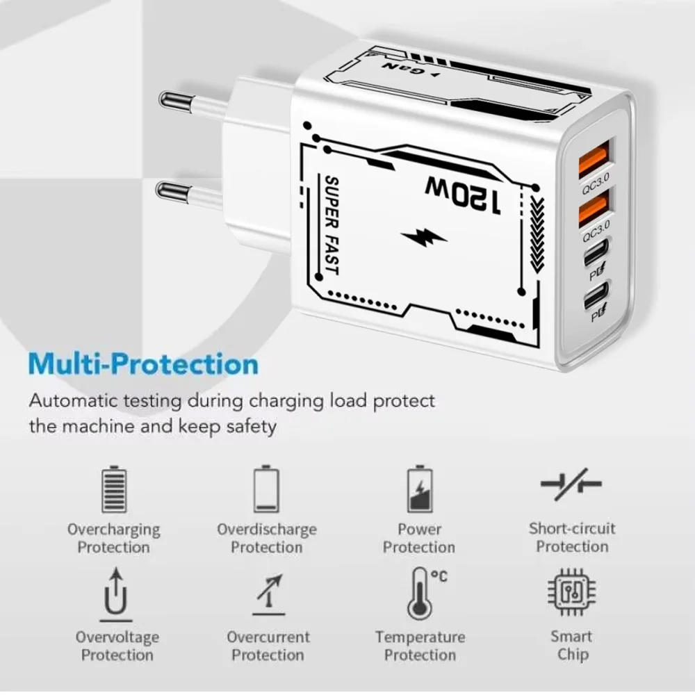 XIAOMI 120W Fast Charger 4Port USB C PD Ultra Quick Charging USB 3.0 Type C EU US Plug Mobile Phone Charger For iPhone Huawei