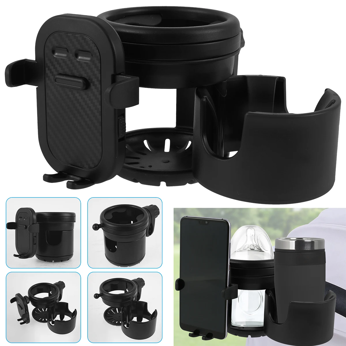 Suporte de copo para carrinho de bebê Suporte universal para garrafa de água 360 °   Suporte giratório para telefone, buraco duplo, organizador de carros de bebê, rack de copo