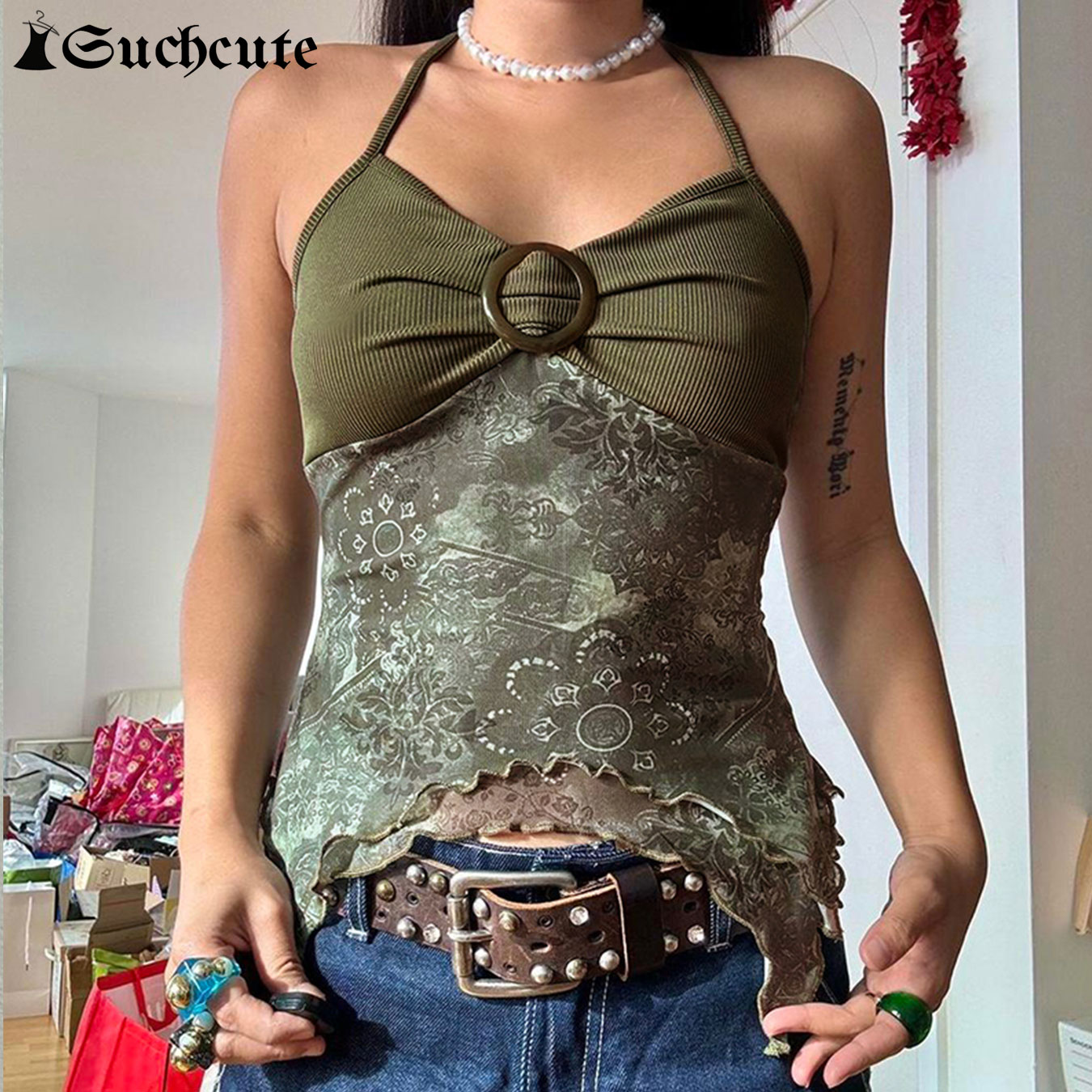 SUCHCUTE-Tops cortos bohemios con estampado Vintage para mujer, camisola Sexy Grunge de Fairycore con espalda descubierta, chaleco con cuello Halter Irregular Harajuku Y2k