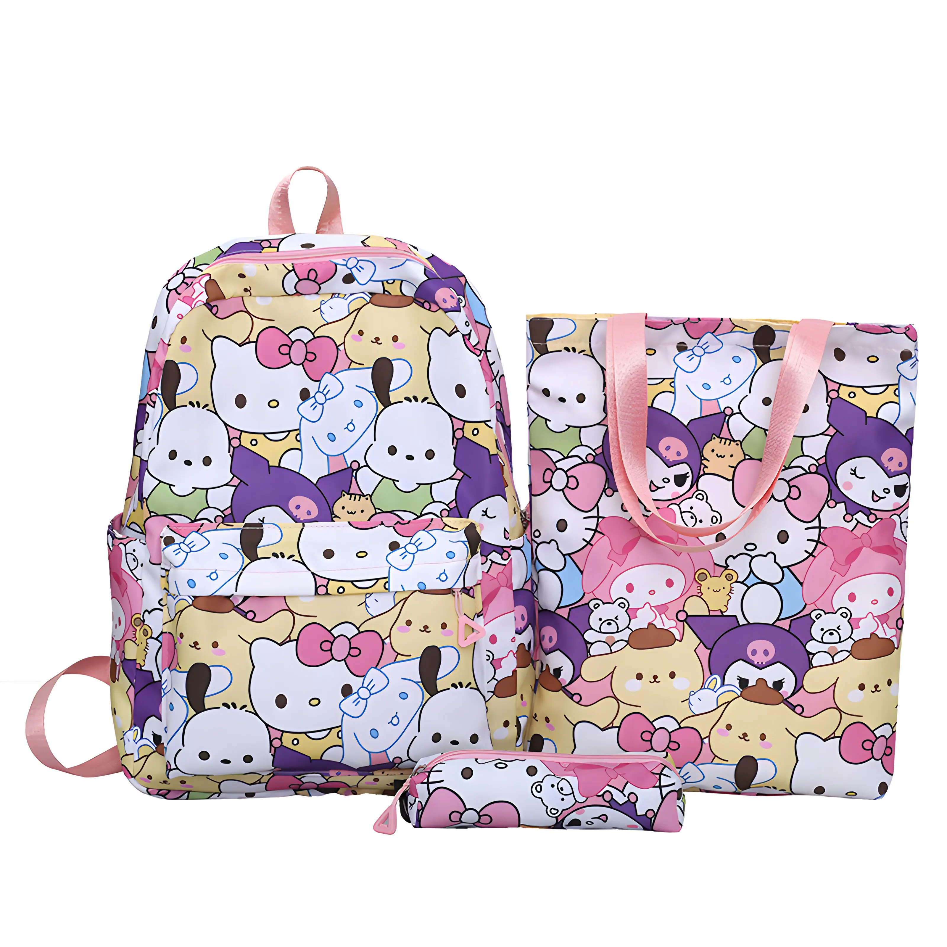 3-częściowy zestaw plecaków Cinnamoroll Hello Kitty Sanrio, torebka na ramię Kuromi, codzienny plecak na zewnątrz z piórnikiem