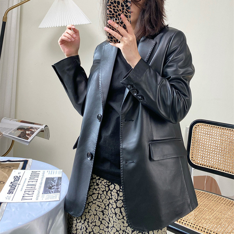 เสื้อสูทหนังแกะผู้หญิงยาวปานกลางเสื้อแฟชั่น OL แจ๊กเก็ตขนาดใหญ่ฤดูใบไม้ผลิฤดูใบไม้ร่วง