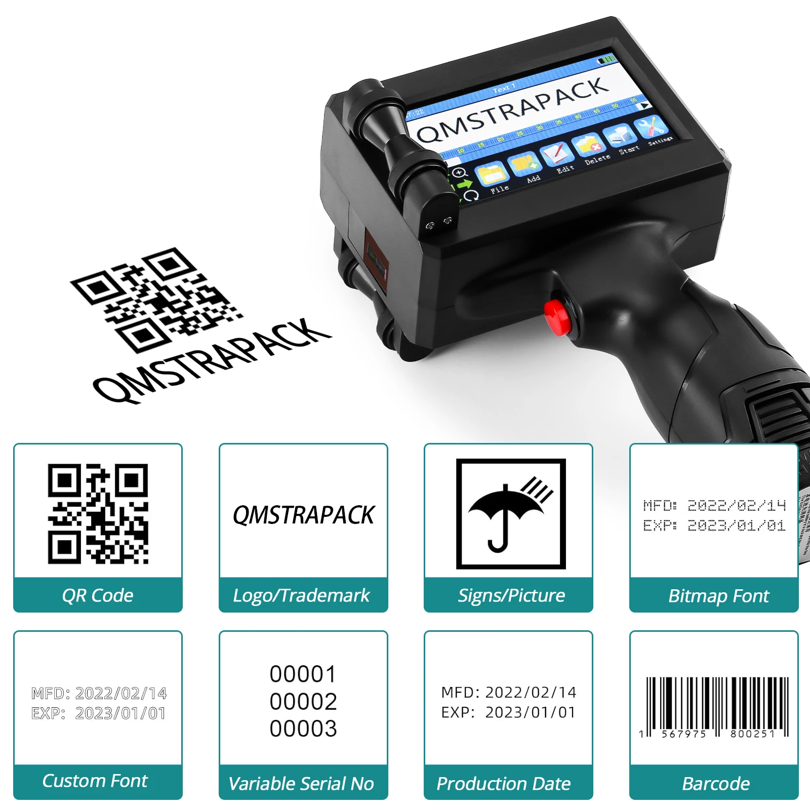Pistola de impresora de inyección de tinta portátil, 12,7/25,4mm, código de barras QR, lote, fecha, número, logotipo, fecha de caducidad, máquina de codificación, no cifrado, 25 idiomas