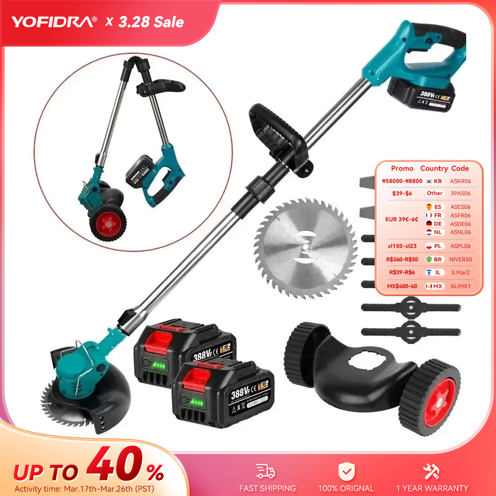 Yofidar cortador de grama elétrico comprimento portátil cortador ajustável sem fio jardim aparador corte grama para makita 18v bateria