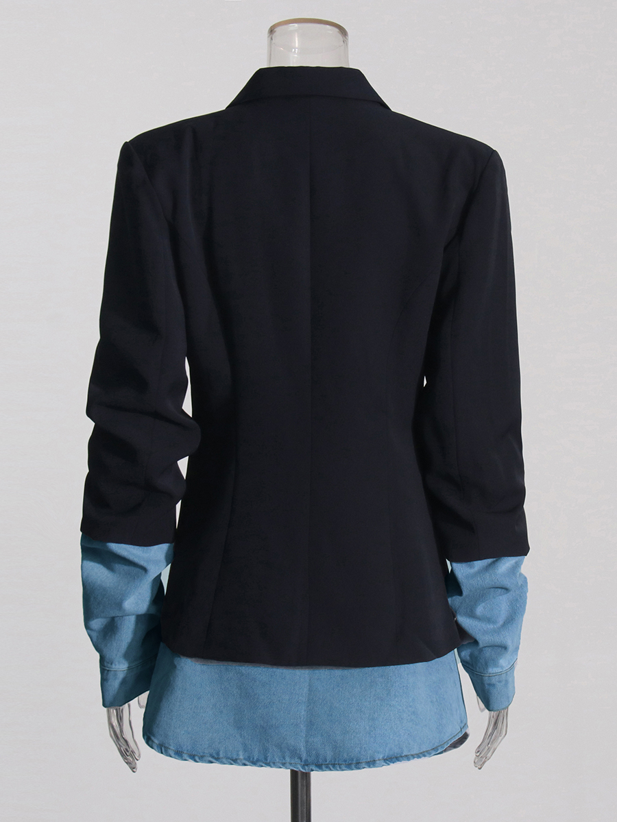 TWOTWINSTYLE Colorblock Patchwork Denim Blazer Für Frauen Kerb Kragen Langarm Verstärktes Taste Chic Blazer Weibliche Mode