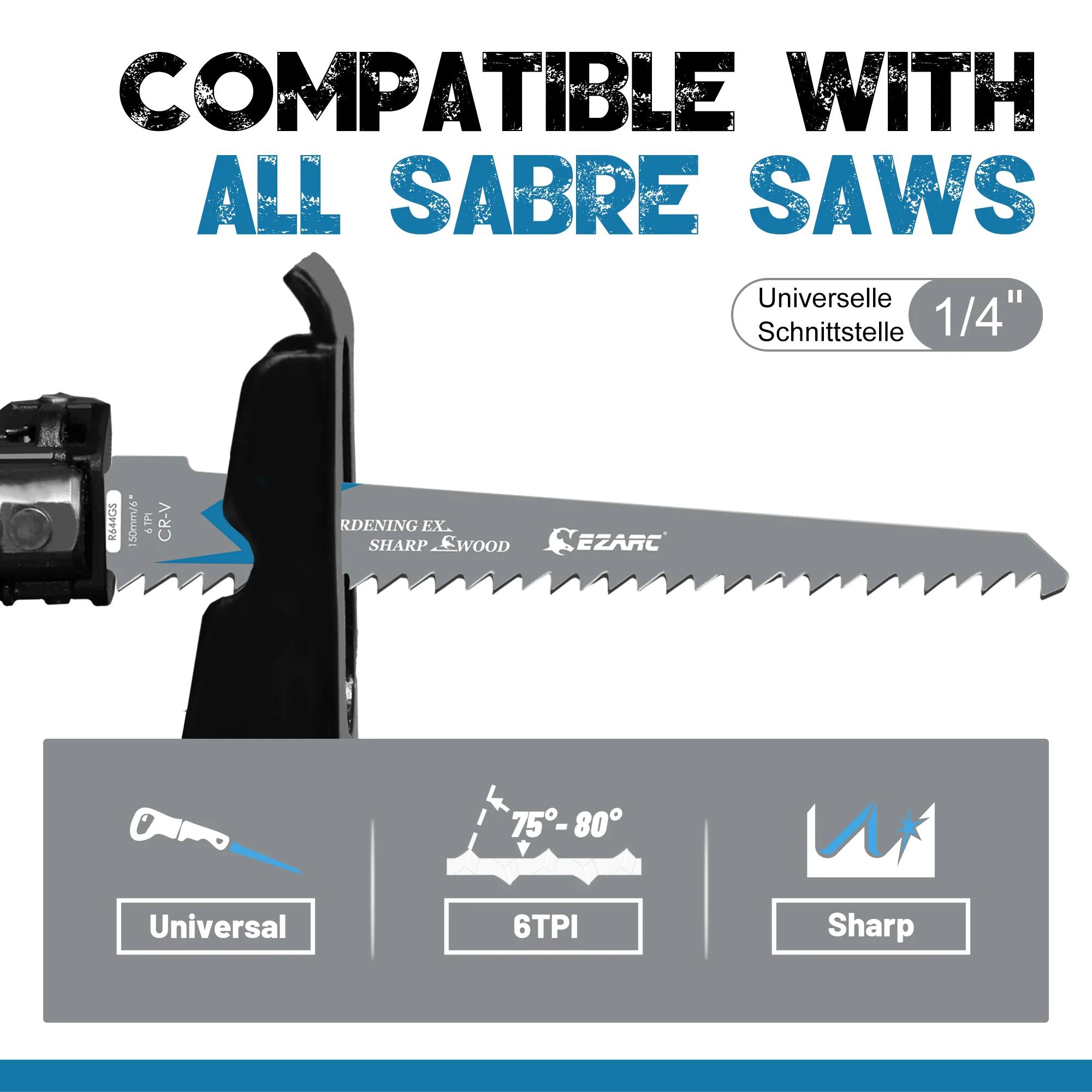 Lâmina de serra alternativa para poda de madeira, 5 peças, 6 tamanhos/150mm, lâminas de serra reciclada r644gs 6tpi crv, dentes afiados, lâminas de serra sabre