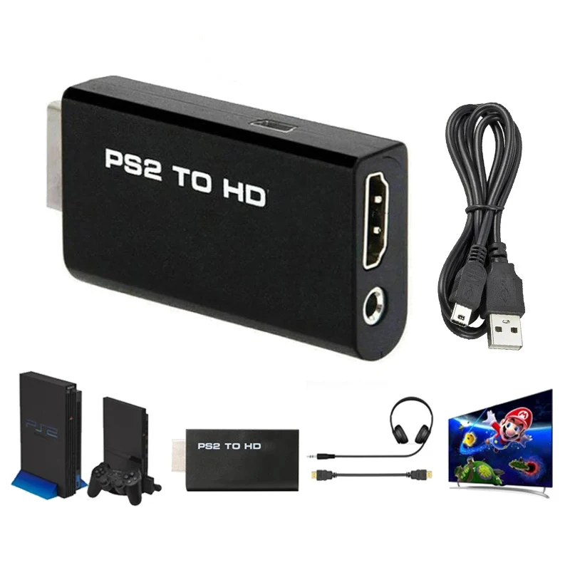 PS2 to HDMI-compatible 480i/480p/576i Audio Video Converter Full 1080P Adapter with 3.5mm Audio Output for All PS2 Display Modes