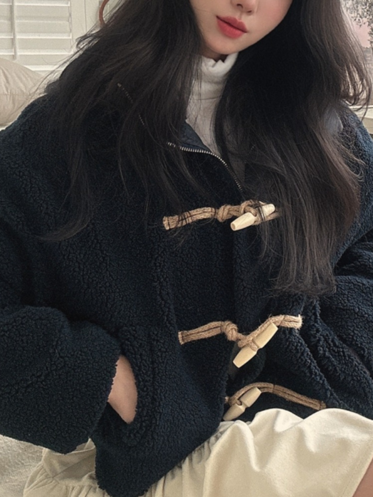 Women's Winter Coat Loose Fit Cotton Jacket Shoulder Length Korean Sle Design Sense Fur Collar Button up Casual Outerwear