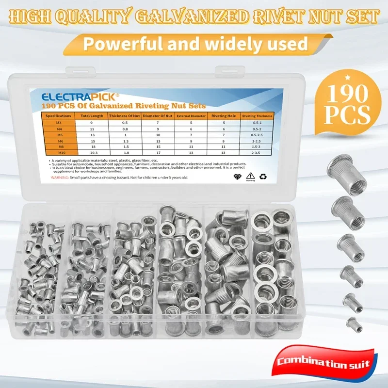 190/93 Uds. Juego de tuercas ciegas de aluminio, tuercas de inserción roscada, tapa de tuerca, tuercas de remache de cabeza plana de acero al carbono M3 M4 M5 M6 M8 M10