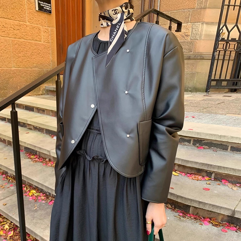 Retro Chic PU Leather Jacket Short Outerwear Women's Loose Long Sleeve Asymmetrical Buckle Design Fall Winter New Sle