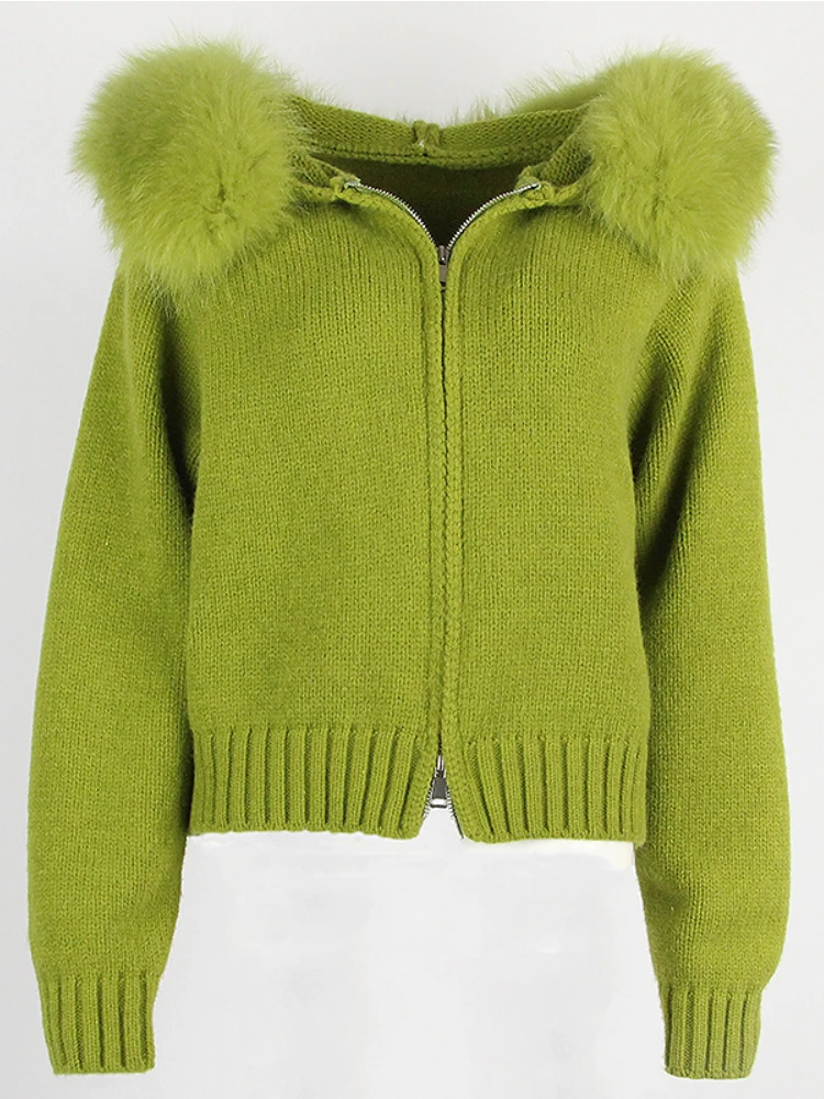 Oftbuy 2023 nova moda outono inverno casual com capuz gola de pele de raposa real jaqueta curta de malha com casaco quente natural para mulher