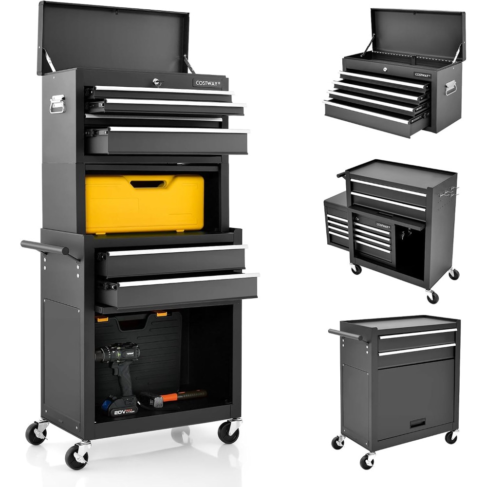 Large Rolling Tool Cabinet, 2-in-1 Detachable Metal Tool Chest Hooks & Pegboard, Lockable Tool Box Trolley, Workbenches