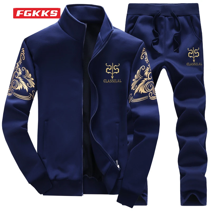 FGKKS 2023 Mode Sport Männer Sets Gedruckt Hoodies Sweatshirt + Jogginghose Anzug Herren 2 Stück Sets Schlank Trainingsanzug Männlich