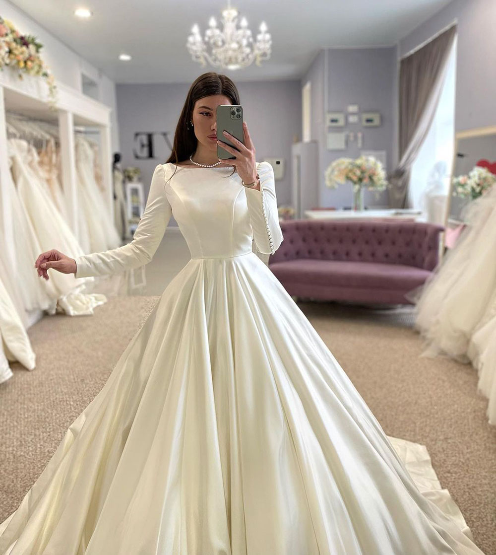 SoDigne Abito da sposa conservatore Abiti da sposa in raso Abito da sposa musulmano a maniche lunghe Abito da sposa lungo modesto personalizzato