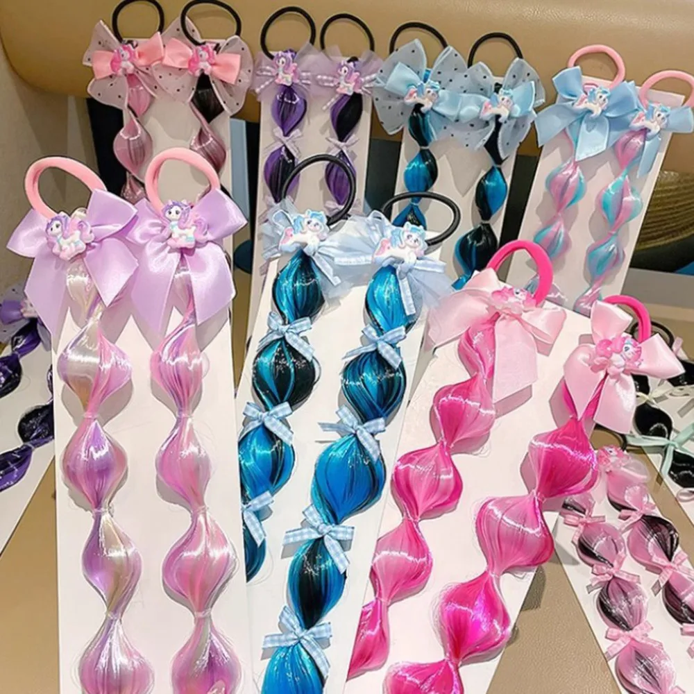 40cm pequeno pônei gradiente colorido bolha tranças peruca crianças menina bowknot fita corda de cabelo extensão do cabelo