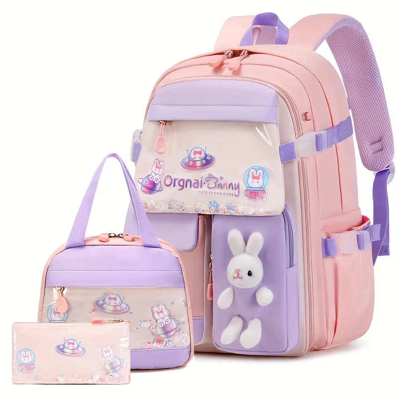 3pcs Girls Backpack Set with Lunch Box &Pencil Case-Cute Bunny Design, Adjustable Straps,Lightweight Nylon School Bag Mochila
