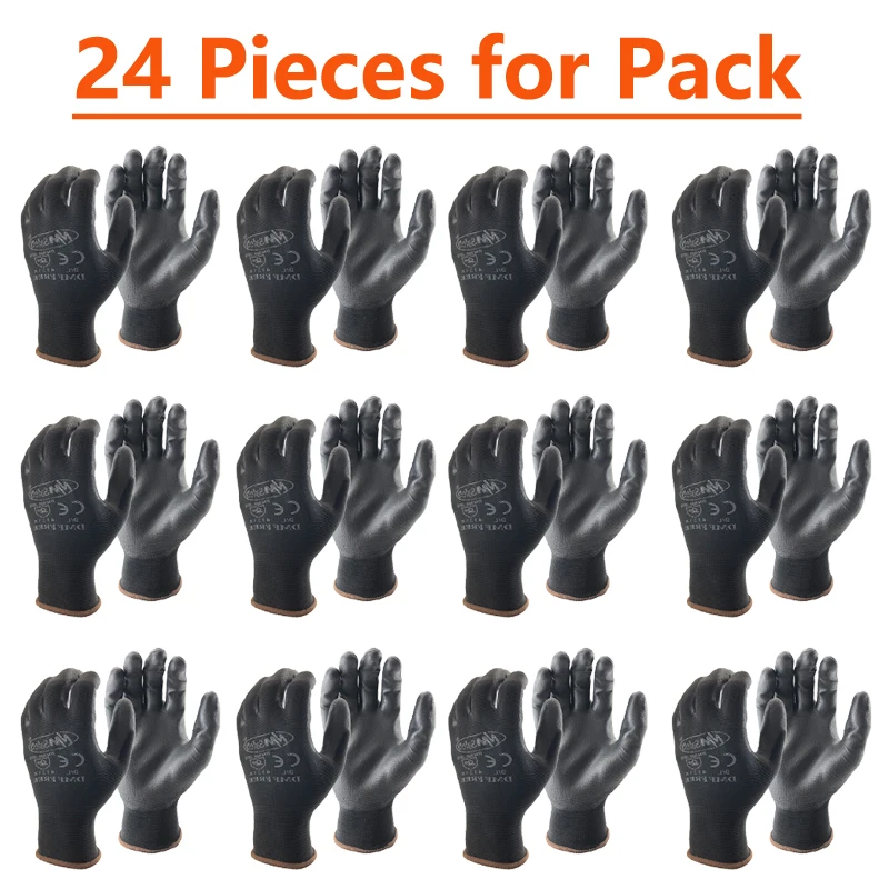 24 Miếng/12 Đôi Công Nghiệp Bảo Vệ Làm Việc An Toàn Găng Tay Pu Đen Nylon Găng Tay Bông Với Vườn NMSafety Thương Hiệu Tất Cả kích Cỡ