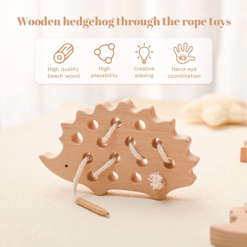เด็ก Montessori Threading Blocks ของเล่น Beech ไม้ Hedgehog BOARD ของเล่นสร้างสรรค์ Hands-on ability การศึกษาสําหรับของขวัญเด็ก