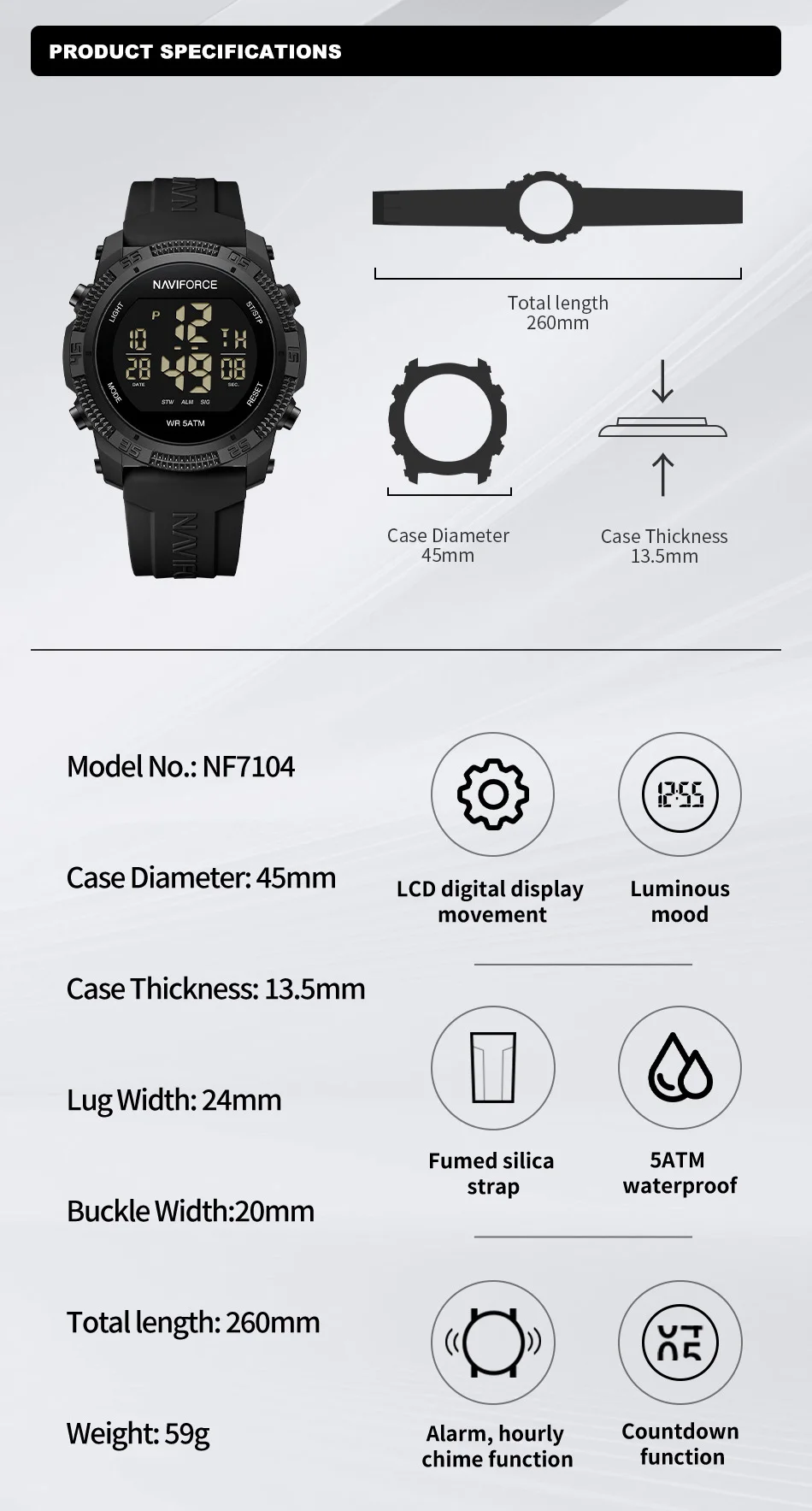 NAVIFORCE NF7104 ผู้ชาย LCD Digital Casual วันที่และสัปดาห์นาฬิกาปลุกสายซิลิโคนกันน้ํานาฬิกาอิเล็กทรอนิกส์