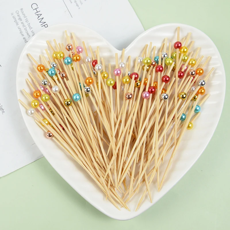 100 ชิ้นงานแต่งงาน Pearl Disposable Skewers อาหารผลไม้ไม้ไผ่ค็อกเทลบุฟเฟ่ต์เค้กไม้จิ้มฟันงานแต่งงานวันเกิด