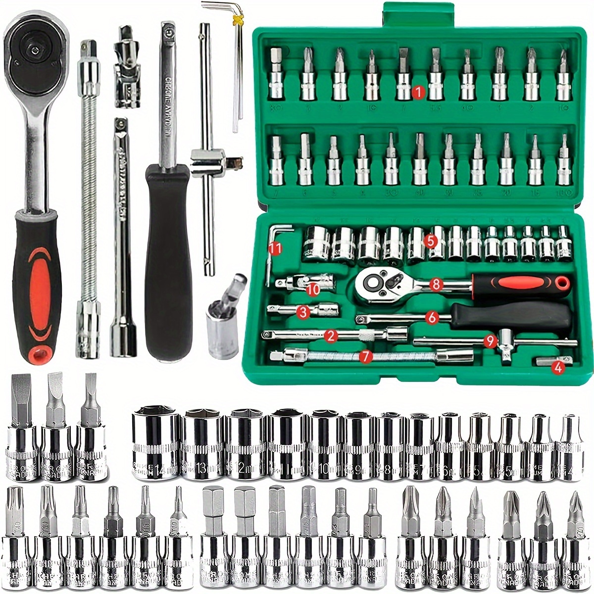 46pc ドライブソケットセット 1/4 インチラチェットレンチセット ソケット付き メトリック六角ビットソケットセット メカニックツールキット 自動車修理住宅用