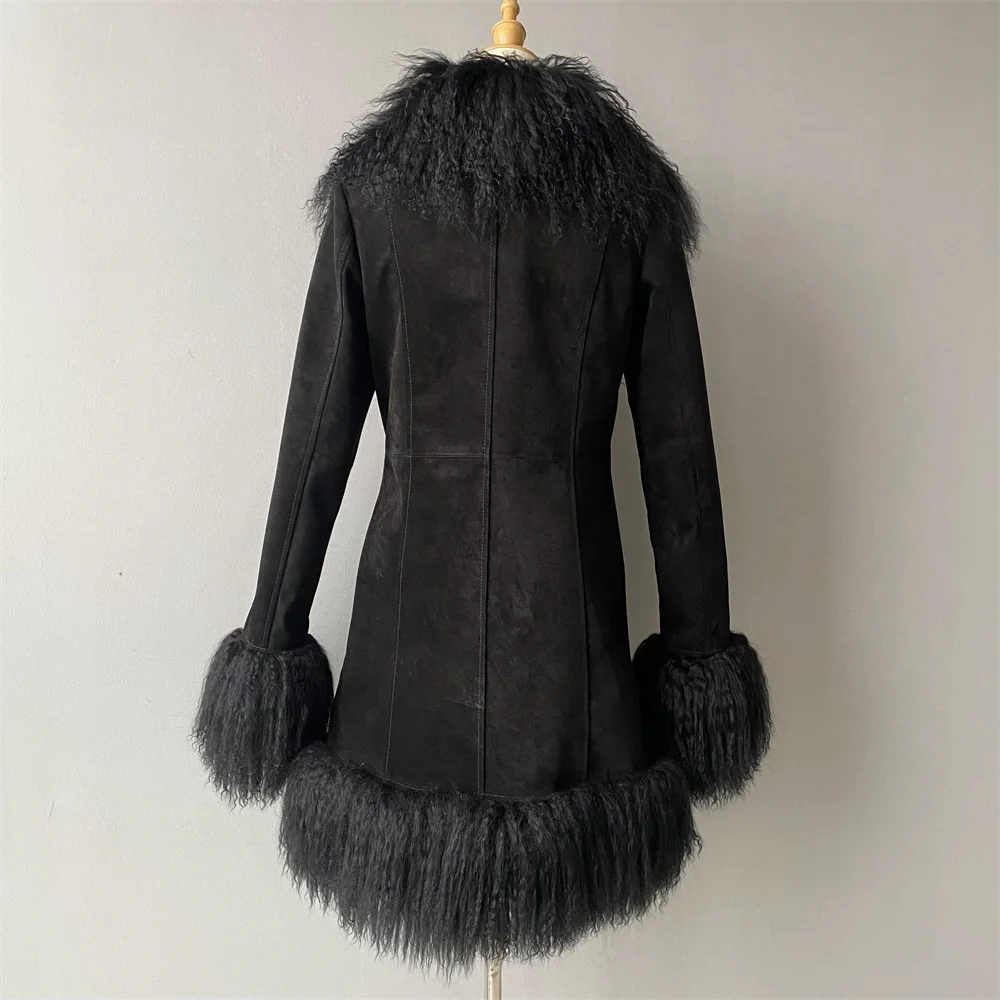 Jaxmonoy manteau en daim véritable avec fourrure de mouton mongole naturelle pour les femmes 2025 automne hiver veste en cuir chaud mode mince longs manteaux