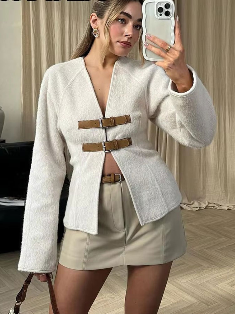 HH Retro lederen gesp wollen jas damesmode effen v-hals lange mouw beige jas herfst lente chique vrouwelijke streetwear