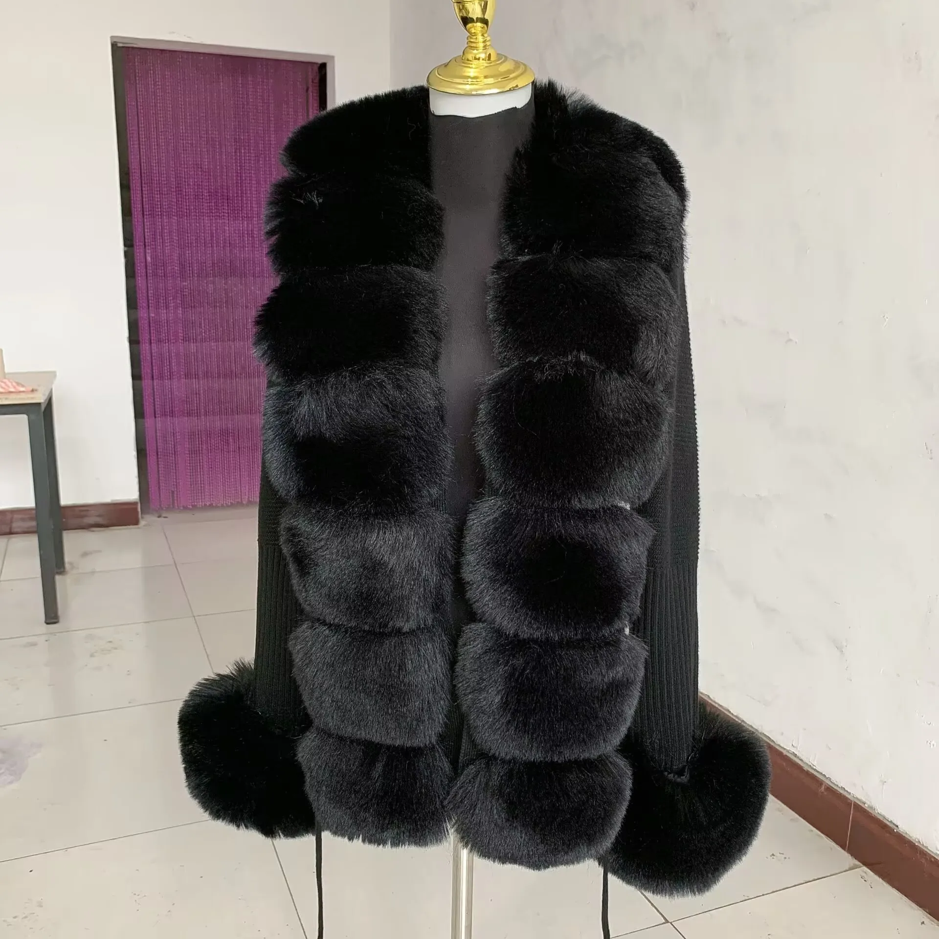 Cardigan court en fausse fourrure pour femme, pull en tricot avec col en fausse fourrure de renard, manteau pour femme, offre spéciale, printemps automne