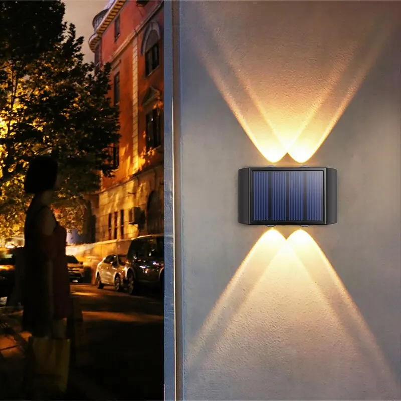Lâmpada de parede solar ao ar livre 4/10/16leds luz quente à prova dwaterproof água para cima e para baixo iluminação luminosa varanda quintal jardim decoração luzes