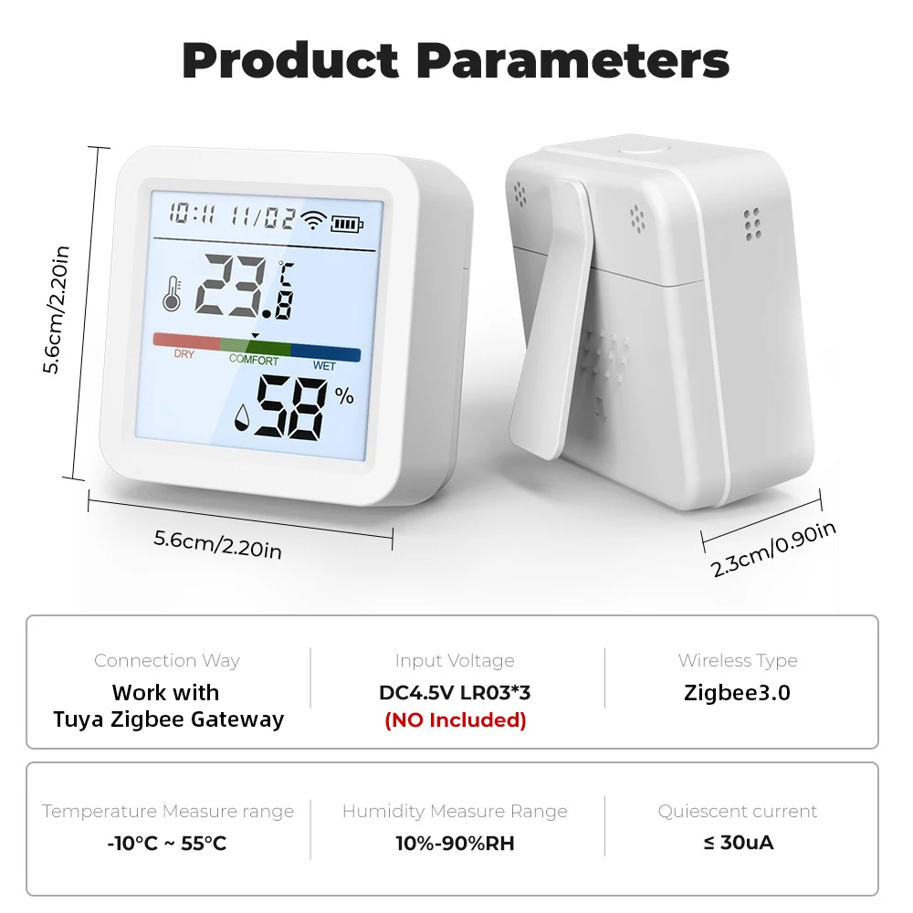 Capteur intelligent de température et d'humidité domestique Tuya ZigBee, avec rétro-éclairage LCD, fonctionne avec Google Assistant et besoin d'un Hub Tuya Zigbee