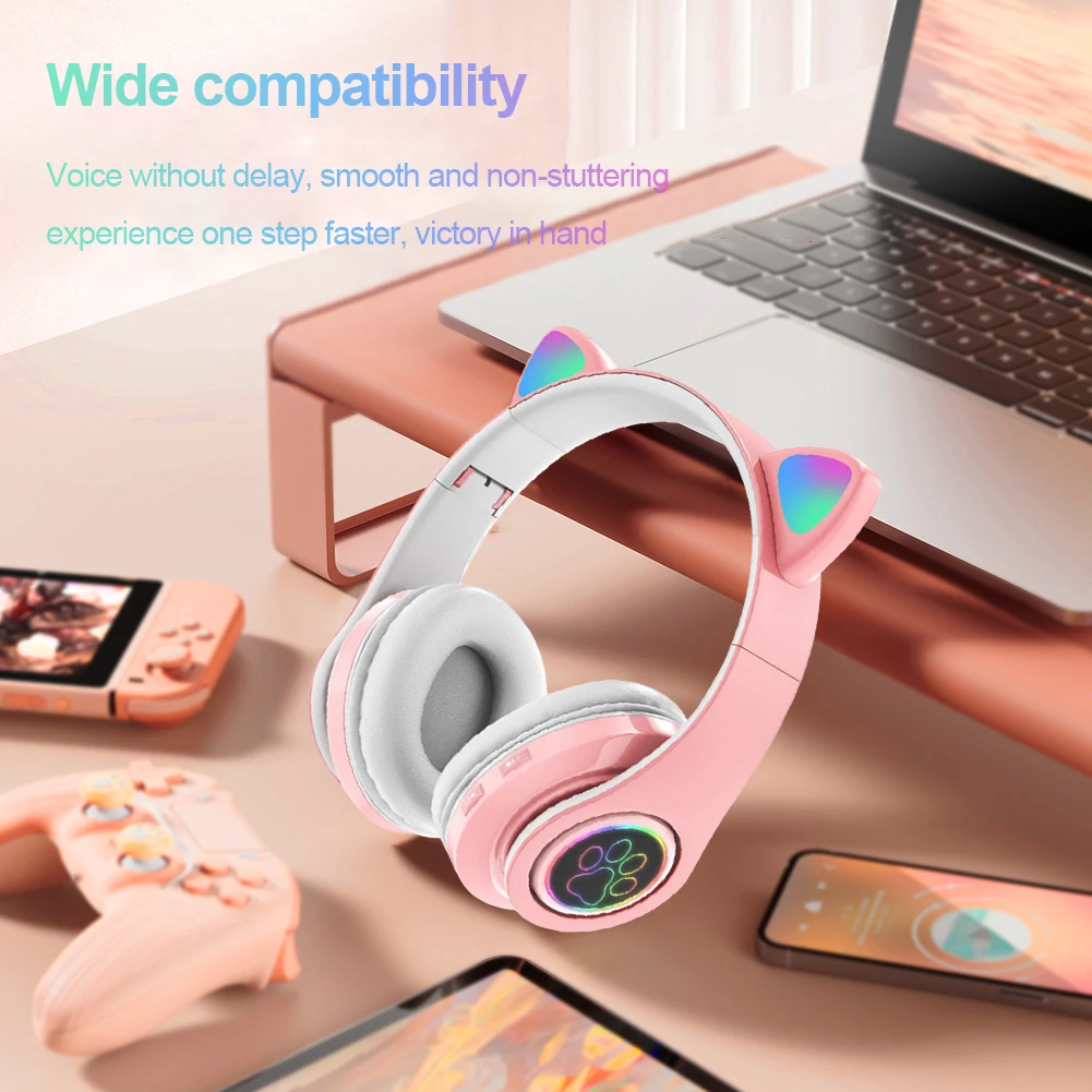 Flash Light Cute Cat Ears cuffie Wireless con controllo del microfono LED Kid Girl Stereo Music Helmet Phone auricolare Bluetooth regalo