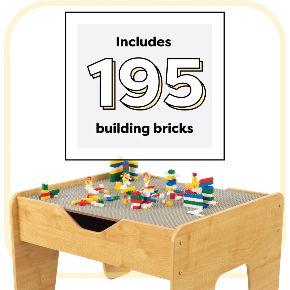 KidKraft Reversible Wooden Activity Table with Board with 195 Building Bricks – Gray & Natural, Gift for Ages 3+