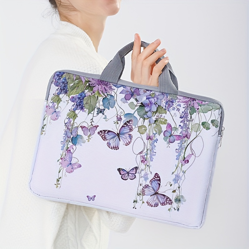 Set monopezzo, due stili, borsa per laptop e valigetta con motivo a farfalla viola, adatto per laptop da 14 pollici