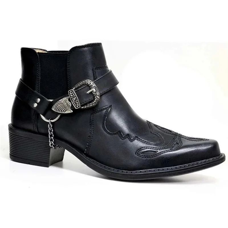 Mode 2024 männer Vintage Cowboy Stiefel Leder High Top Kette Schnalle Punk Schuhe Spitz Biker Stiefel Männer