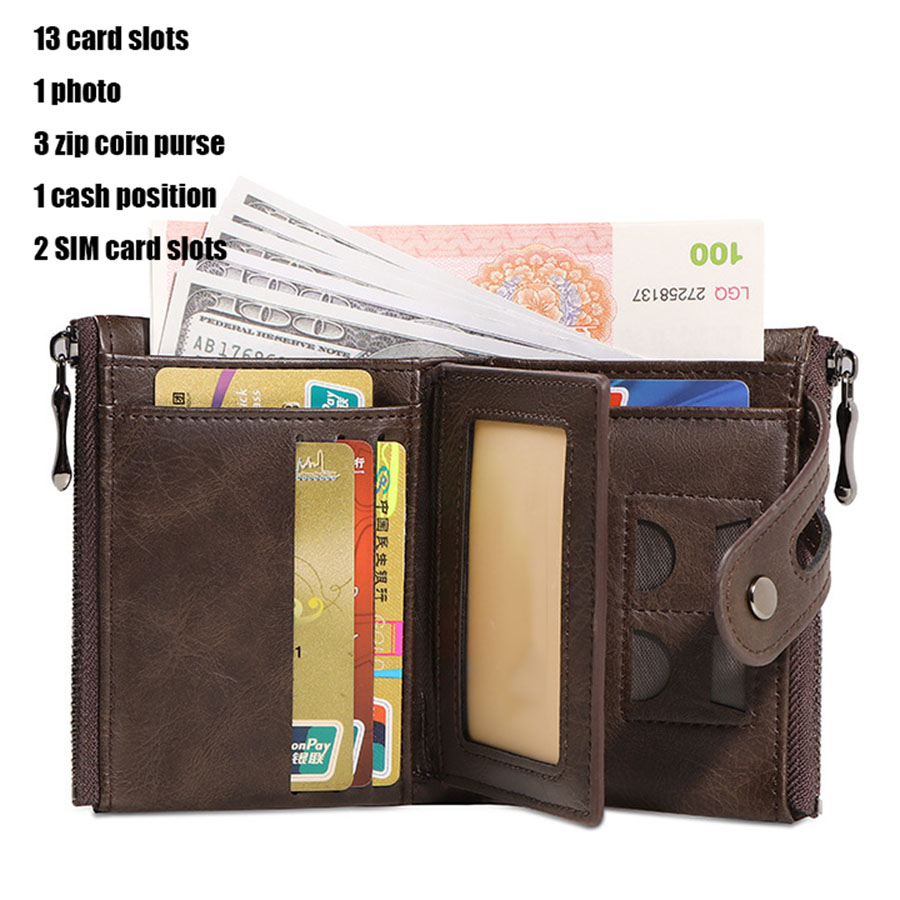 メンズ チェーンウォレット RFID 盗難防止 メンズ レトロ レザー ウォレット ダブルジッパー コインケース クレジットカードホルダー 男性と女性用