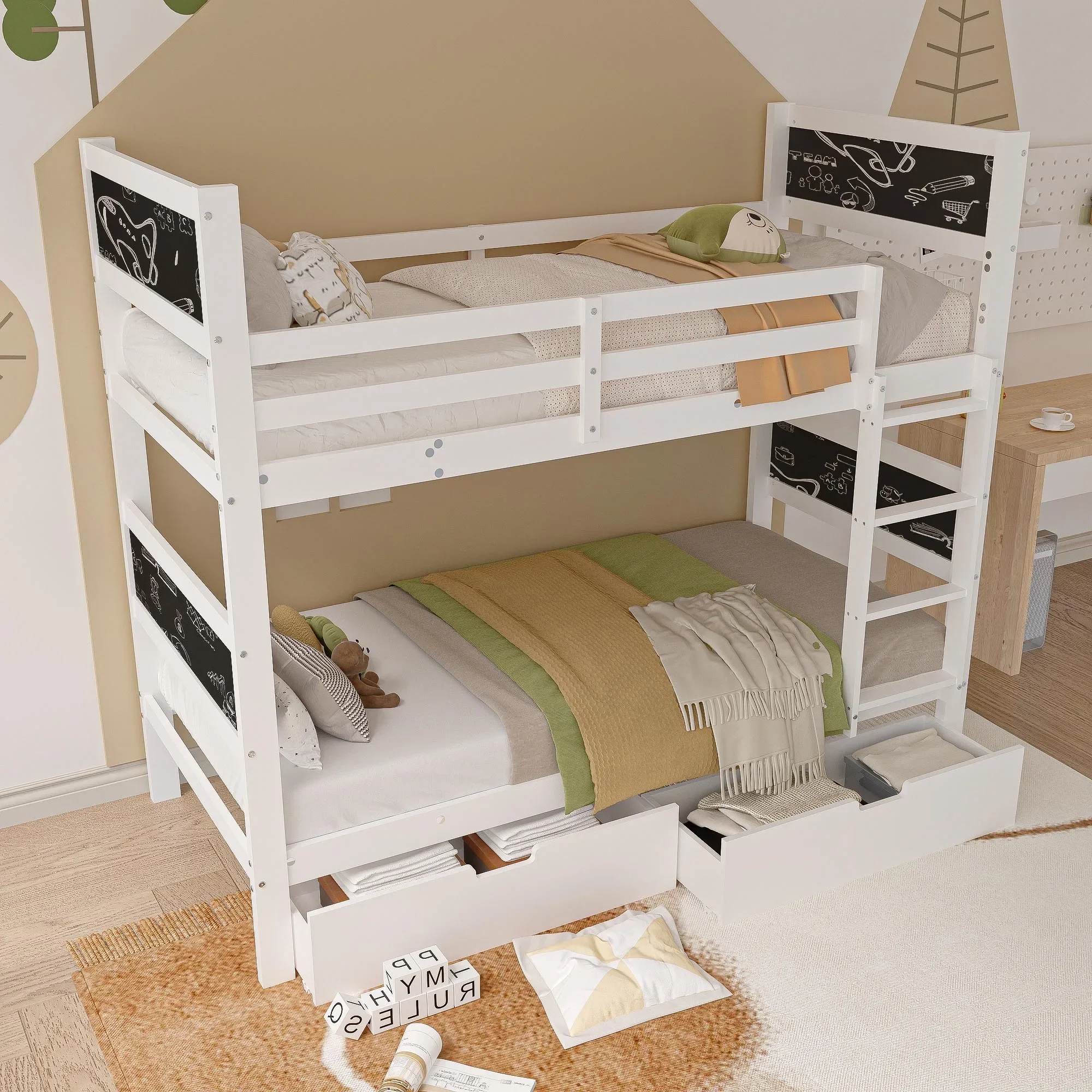 Lazy space 90*200cm Massivholz Kinder bett mit 2 Schubladen, Absturz sicherung Etagen bett, umwandelbar auf zwei 90 x Einzel bett