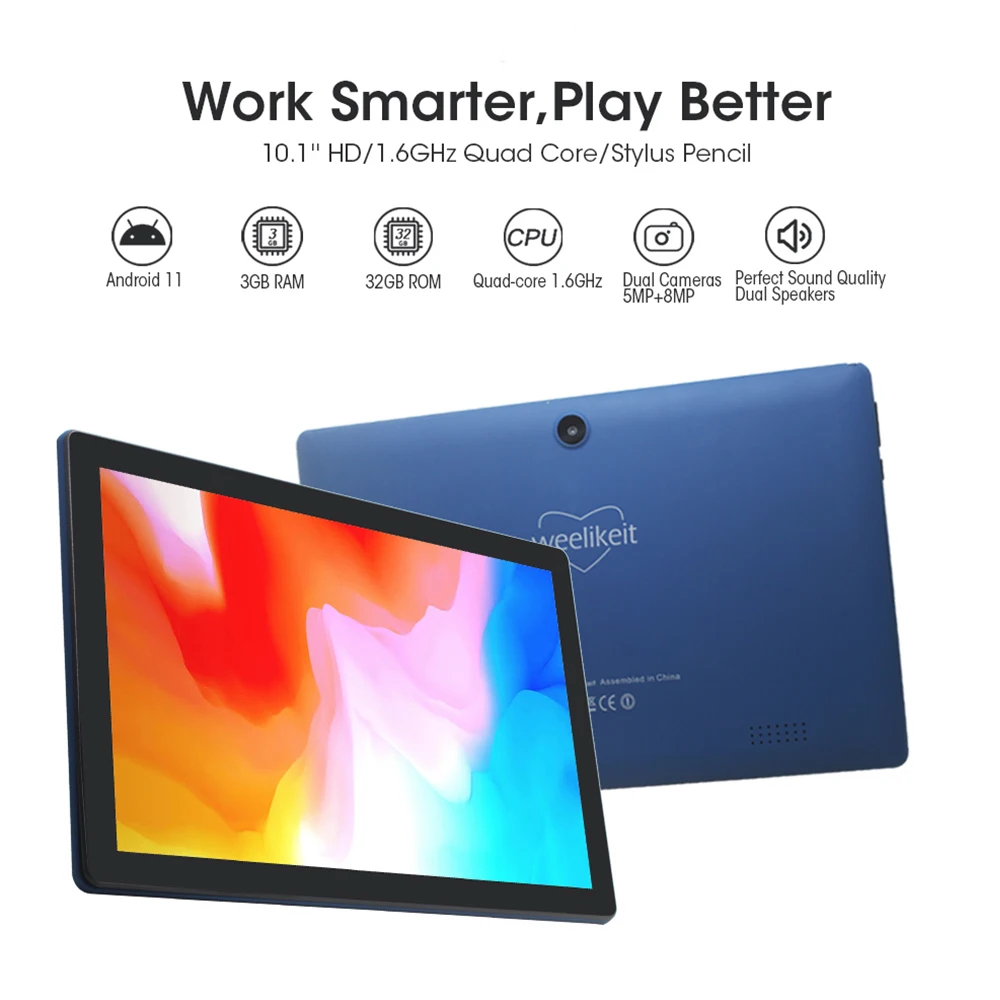 Weelikeit Tablet 10.1 ''Android 11 3GB RAM 32GB ROM 1280x800 IPS ultra dünne Tablets PC A133 Quad Core Axt Wifi-6 mit Fall F11W