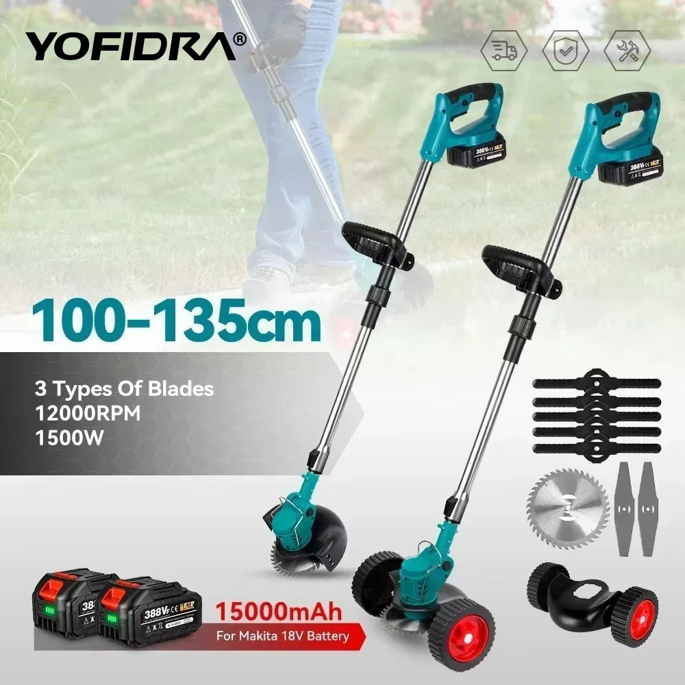 YOFIDRA Elektrischer Rasenmäher, handgehaltener, längenverstellbarer Schneider, kabellos, für Makita 18 V Akku, Garten-Grasschneider