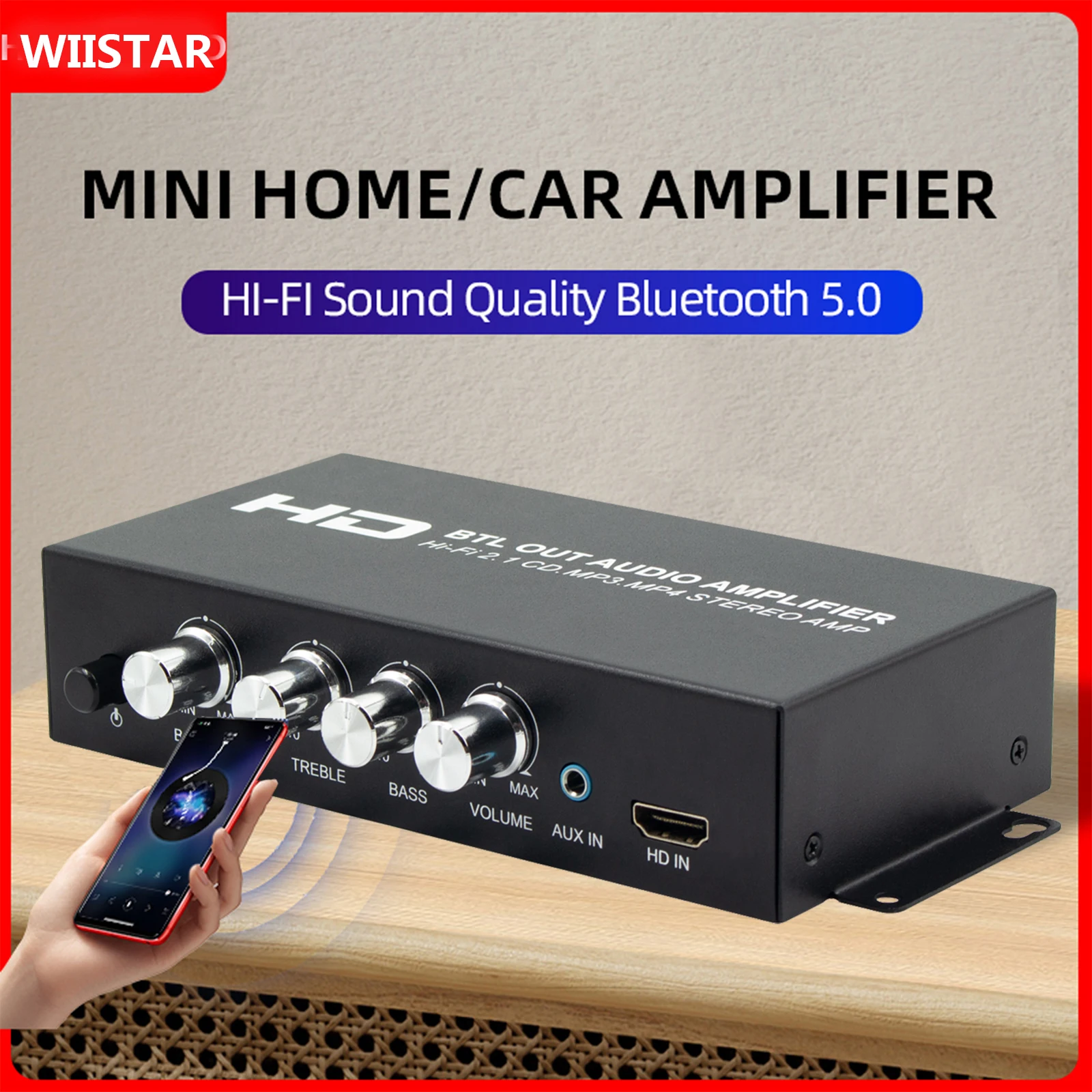 AMPLIFICADOR DE POTENCIA ST-838 HiFi de 2,1 canales, compatible con Bluetooth 5,0, amplificador de subwoofer de 20Wx2, amplificador de sonido, ajustadores de graves y agudos