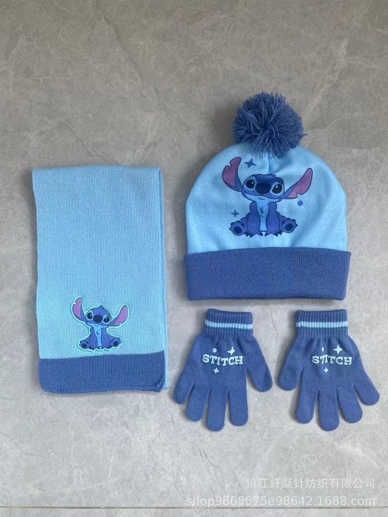 3 unids/set Disney Stitch Otoño e Invierno niños hielo y nieve Elsa bufanda de dibujos animados sombrero guante tres piezas cálido niño niña sombrero