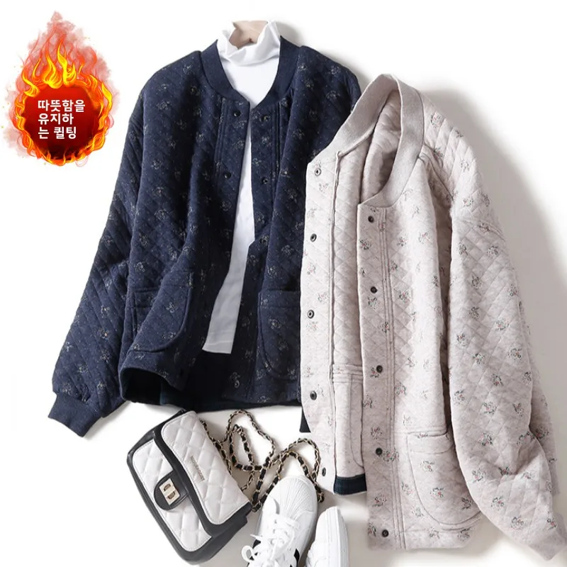 Plus Size Autumn Winter Thickened Cotton Printed Baseball Jacket Women's Loose Short Sle Stand Collar Open Cardigan Slish Com...