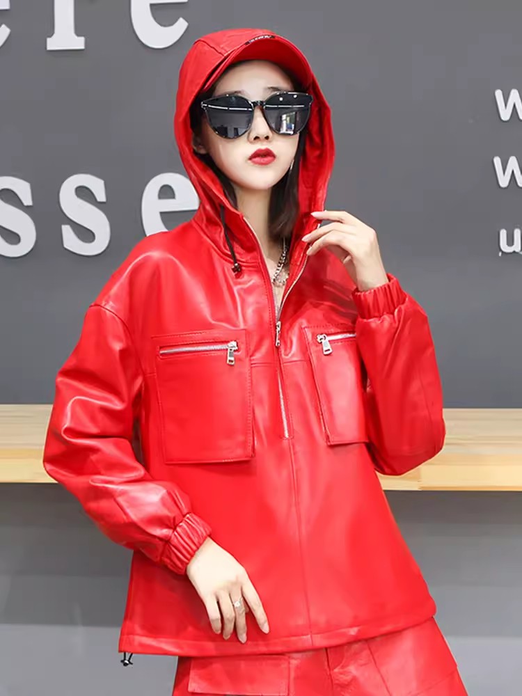 Moda feminina primavera outono solto ajuste pele de carneiro couro genuíno com capuz jaqueta streetwear casual bolsos com zíper pulôver casacos