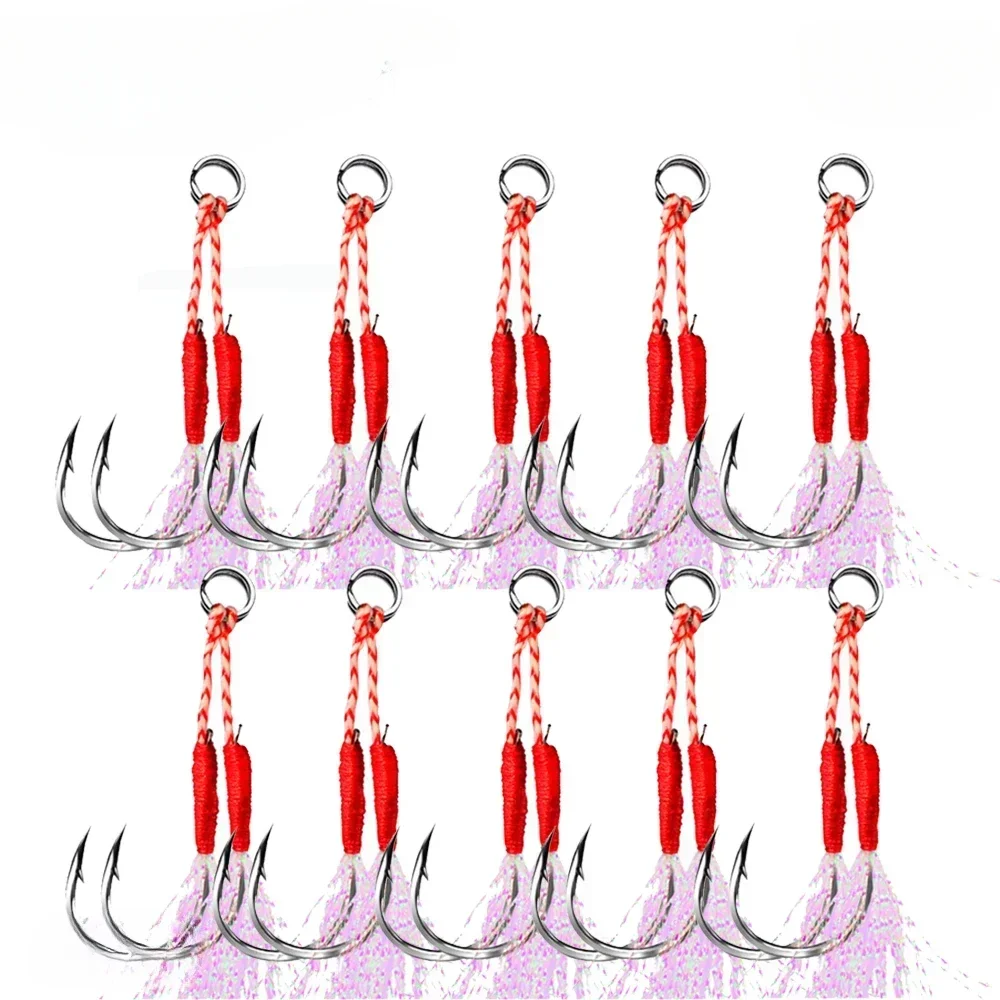 10 pçs/lote gancho de pesca gabarito duplo pairhooks farpado fio pena acessórios pesca aço alto carbono isca de pesca lento jigging