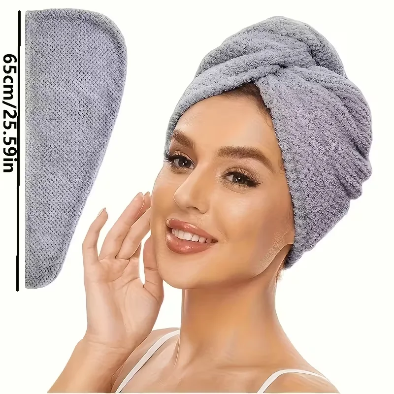 ผ้าขนหนูโพกผมสีพื้น ผ้าคลุมผมแห้งแบบมีเท็กซ์เจอร์ ขนาด 9.8 x 25.5 นิ้ว ผ้าขนหนูโพกผมซับน้ำได้ดีสำหรับผู้หญิงแบบติดกระดุม