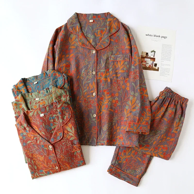 Nuevo pijama Vintage para mujer, pantalones de manga larga de hilo de algodón, ropa de dormir, cárdigan con solapa, ropa para el hogar, conjunto informal suave para mujer, 2 piezas